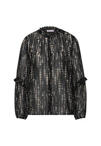 Schwarze durchsichtige Bluse mit weißem gepunktetem Muster, gerafftem Ausschnitt, Knopfleiste und Rüsche an den Bündchen. Leichter Stoff, leicht lockere Passform.
