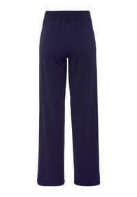Námořnické modré kalhoty s širokým střihem, elastickým pasem a hladkým materiálem. Bez kapes a ozdob, se čistým, minimalistickým designem.