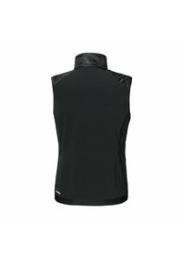 Black sleeveless vest made of lightweight material, featuring a high collar and smooth texture, with subtle branded detail at the hem.
