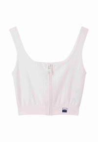 Top bianco corto con una texture a costine, dotato di una zip frontale e spalline larghe. Include un piccolo etichetta del marchio sul lato sinistro inferiore.