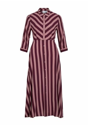 Pikk, nööpidega riietus, millel on vertikaalsed tumepunased ja roosad triibud, kraelise kaelaosa ja kolmeveerand pikkusega varrukad. Sujuv tekstuur.