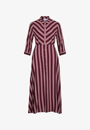 Lang knap-up kjole med lodrette maroon og blush striber, en kravehals og ¾-lange ærmer. Glat tekstur.
