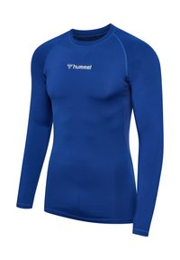 Blaues langärmliges Sportshirt aus dehnbarem Material, mit einer eng anliegenden Passform, flachen Nähten und einem kleinen weißen Logo auf der Brust.