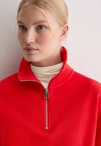 Rode trui met een hoge kraag, gedetailleerde ritssluiting en een zachte textuur. Gecombineerd met een crème coltrui, met een minimalistisch ontwerp.