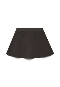 Gonna a ruota svasata in tessuto marrone scuro, caratterizzata da una texture morbida, una vita larga e un orlo che curva verso l'alto per una forma definita.