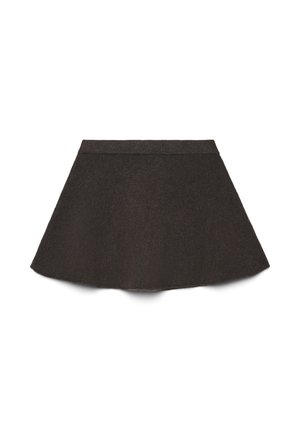 Gonna a ruota svasata in tessuto marrone scuro, caratterizzata da una texture morbida, una vita larga e un orlo che curva verso l'alto per una forma definita.