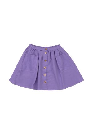 Purple button-front skirt with two large front pockets and a gathered waistband, displayed flat on a white background.