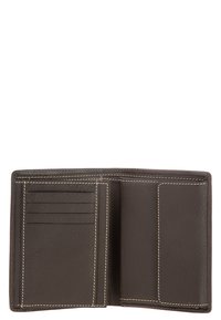Brown leather wallet with white stitching, featuring multiple card slots and a compartment for bills or cards, smooth texture, and minimalist design.