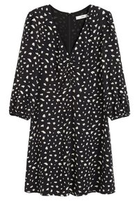 Robe noire avec motif en coups de pinceau blancs, décolleté en V, devant froncé, manches bouffantes trois quarts et fermeture éclair au dos. Texture de tissu douce.