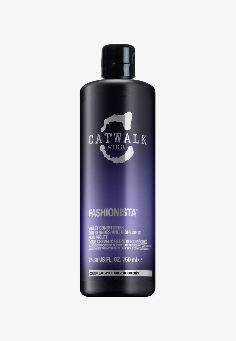 Zwart en paars flesje Catwalk by TIGI Fashionista violet conditioner voor blondines en highlights, 750 ml, met kleurveilige label.