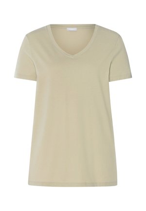 Camiseta de algodón beige de manga corta con cuello en V, dobladillo recto y diseño simple y limpio.
