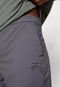 Sive kratke hlače iz lahkotnega materiala z diskretnim sijajem. Vključujejo vezen dizajn spredaj in pas iz iste tkanine.