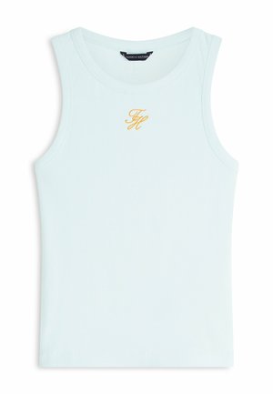 Canotta senza maniche a coste azzurro chiaro con scollo rotondo e piccole iniziali "TH" ricamate in oro al centro del petto.