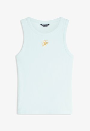 Canotta senza maniche a coste azzurro chiaro con scollo rotondo e piccole iniziali "TH" ricamate in oro al centro del petto.