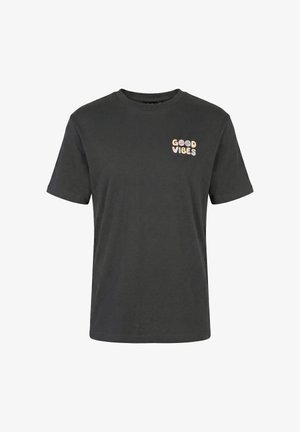 Zwart T-shirt met korte mouwen, met kleine tekst "GOOD VIBES" en een glimlachend gezichtje op de linkerborst.