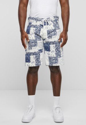 Marineblå og hvide mønstrede shorts med snor i taljen, der har paisley-designs og en afslappet pasform, lavet af letvægtsstof.