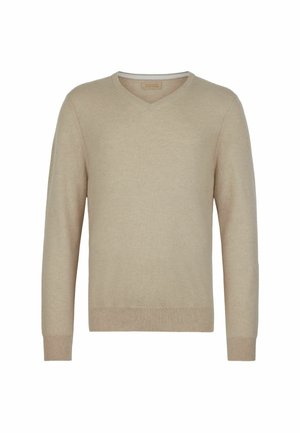 Beiger V-Ausschnitt-Pullover aus weichem Material, mit langen Ärmeln und geripptem Saum. Einfaches, klassisches Design ohne Muster oder Verzierungen.