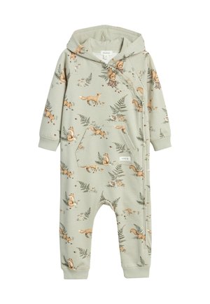 Kombinezon niemowlęcy z kapturem, z nadrukiem lisa, wiewiórki i paproci, z przednią kieszenią i ukośnie zapinany na zatrzaski, w stonowanych zielonych odcieniach.