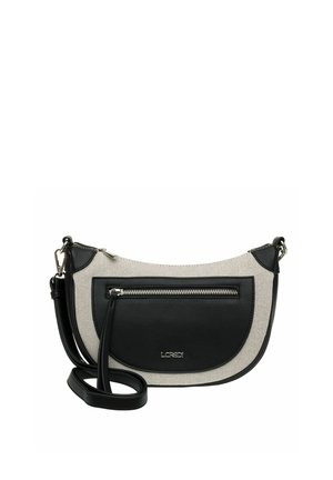 Bolso de hombro con una base de cuero negro y un cuerpo de lona crema, que presenta un bolsillo frontal con cremallera y una correa ajustable.