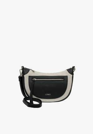 Bolso de hombro con una base de cuero negro y un cuerpo de lona crema, que presenta un bolsillo frontal con cremallera y una correa ajustable.