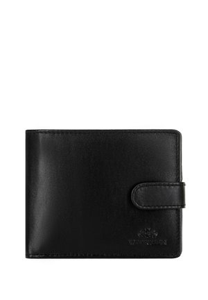 Black leather wallet with a smooth texture, bi-fold design, and a snap closure. Features embossed logo and neat stitching along the edges.