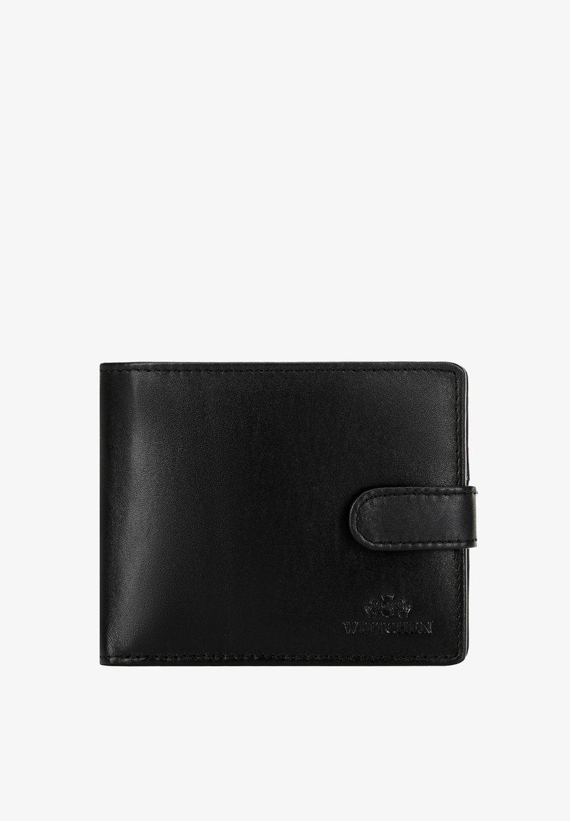 Portefeuille en cuir noir avec une texture lisse, design plié en deux et fermeture à pression. Caractéristiques d'un logo embossé et de coutures soignées le long des bords.