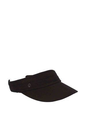 Black fabric visor hat with wide curved brim and adjustable back strap, featuring a small round metal logo on the side.
