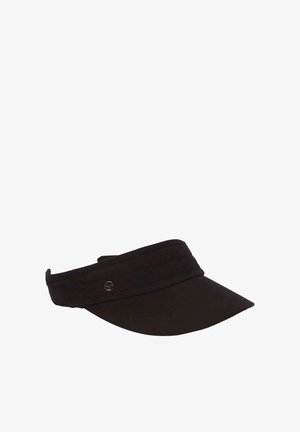 Black fabric visor hat with wide curved brim and adjustable back strap, featuring a small round metal logo on the side.