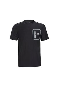 Czarny t-shirt z krótkim rękawem wykonany z gładkiego materiału, posiada kieszeń z zamkiem błyskawicznym obramowaną jasnoszarym kolorem. Zawiera odblaskowe akcenty na ramionach.