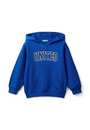 Blå hættetrøje med frontlomme og teksten "UNITED COLORS OF BENETTON" trykt i hvidt og navyblåt på brystet.
