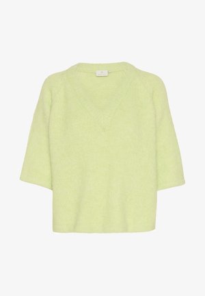 V-neule vaaleanvihreänä, pehmeästä ja pörröisestä materiaalista. Kissahihaiset ja rento laatikkomainen malli. Ei näkyviä kuvioita tai yksityiskohtia.