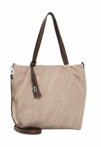 Beige fabric tote bag with brown leather accents, featuring a detachable strap, tassel detail, and a smooth texture.