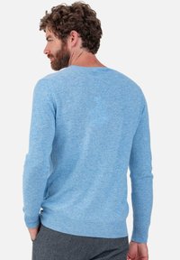 Hellblauer Pullover mit strukturierter Oberfläche, rundem Ausschnitt und gerippten Bündchen. Kombiniert mit dunkelgrauen Hosen, von hinten gezeigt.