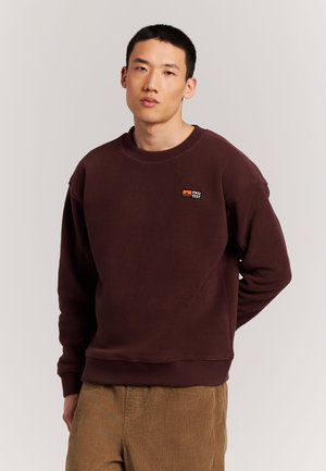 Jonge man draagt een donkerbruine sweatshirt met een klein "PRO TEST" logo en lichtbruine corduroy broek tegen een effen achtergrond.