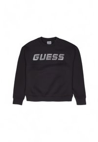 Čierna mikina so žebrovanými manžetami a spodným okrajom, s veľkým strieborným trblietavým logom "GUESS" naprieč hrudníkom. Materiál z bavlnenej zmesi.