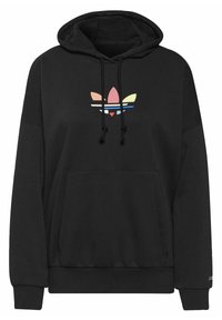 Felpa nera con cappuccio e tasca anteriore, con un logo multicolore che presenta foglie e strisce. Realizzata in un tessuto morbido e texturizzato.