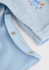 Hellblaues Cordstoff mit Druckknopfverschluss. Verfügt über ein gesticktes Design auf der linken Seite. Glatte Textur und saubere Nähte.