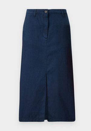 Mørkeblå denimskjørt med splitt foran, knappestenging og beltesløyfer. Rett snittdesign med glatt tekstur.
