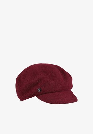 Burgundy wool cap with a relaxed fit, rounded top, and a small metal logo accent on the side. Visor is short and curved.
