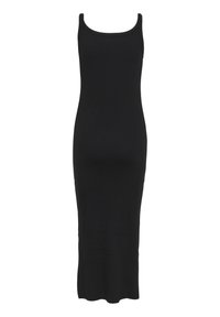 Black, sleeveless, bodycon midi dress made of stretchable fabric. Features a rounded neckline and a slim, form-fitting silhouette.