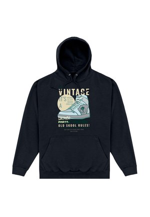 Sweat à capuche noir avec poche avant, arborant un graphisme d'une basket vintage et un texte disant « Vintage », « Old Skool Rules ! » et d'autres phrases stylisées.