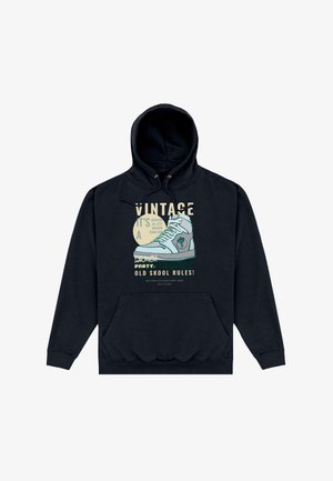 Sweat à capuche noir avec poche avant, arborant un graphisme d'une basket vintage et un texte disant « Vintage », « Old Skool Rules ! » et d'autres phrases stylisées.