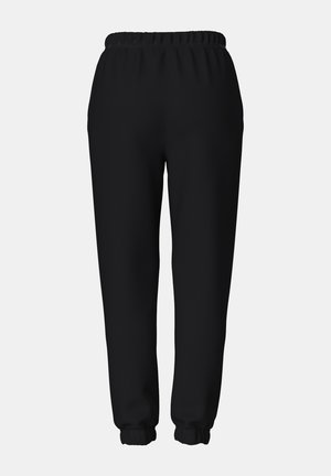 Juodos kelnės sportui iš minkštos medžiagos, su elastine juosmens juosta ir rankogaliais, tiesios kojų formos, be matomų raštų ar detalių.