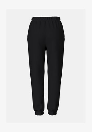 Juodos kelnės sportui iš minkštos medžiagos, su elastine juosmens juosta ir rankogaliais, tiesios kojų formos, be matomų raštų ar detalių.