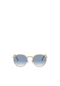 Occhiali da sole con montatura in metallo dorato e lenti blu sfumate. Forma rotonda con naselli trasparenti e aste con dettagli marroni. Logo Ray-Ban classico.