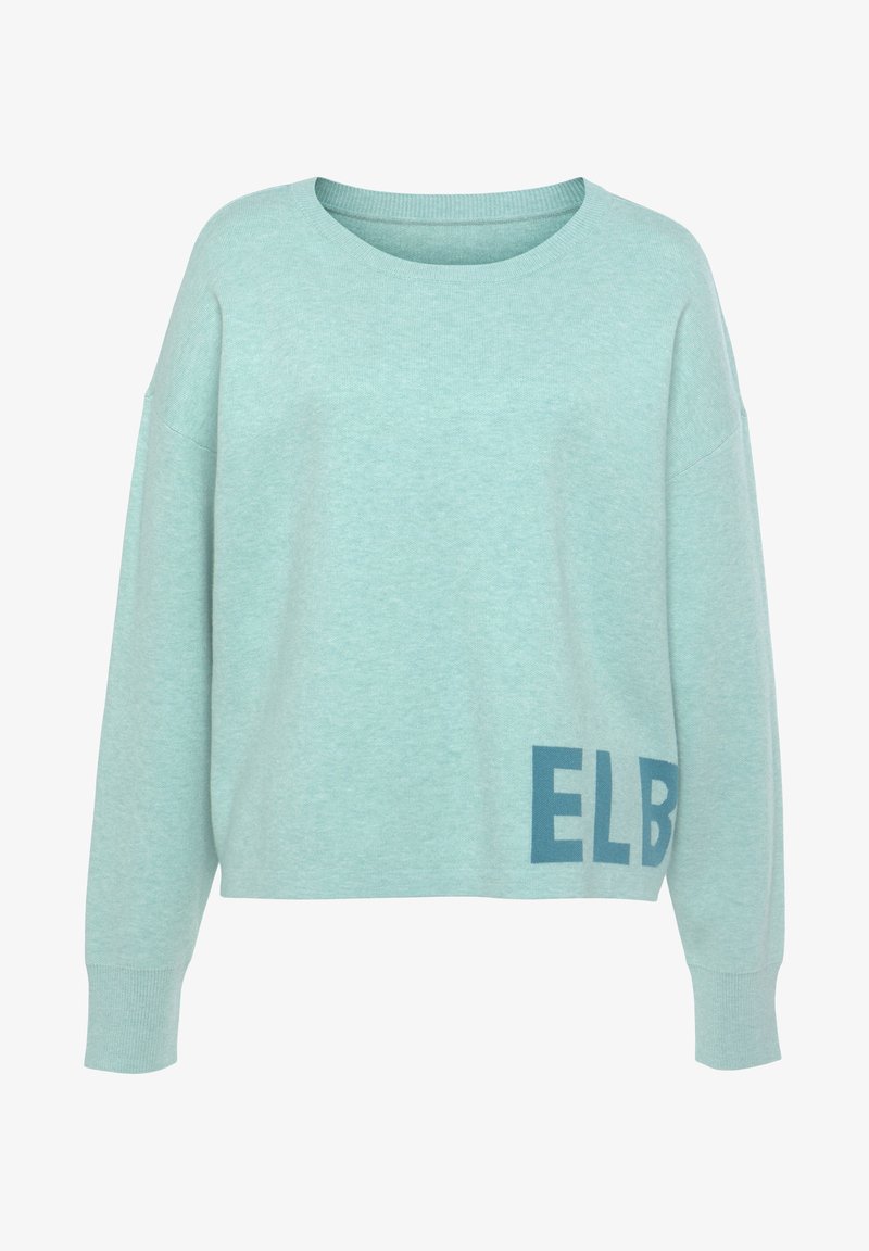 Helles türkisfarbenes Oversized-Pullover aus weichem Material, mit weitem Ausschnitt und auffälligem "ELB"-Grafikdesign auf der linken Seite. Lange Ärmel und gerippte Bündchen.