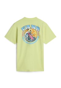 Vaaleanvihreä puuvillapaita, jossa on graafinen kuvasto luurangosta surffaamassa vaaleanpunaisella laudalla sinisten aaltojen päällä ja teksti "VANS WAVE SMASHER".