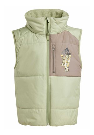 Gilet imbottito verde chiaro con colletto alto, pannello frontale marrone, tasca con zip e grafica del leone ricamata. Esterno in poliestere, fodera morbida.