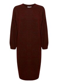 Vestito a maglia bordeaux con maniche lunghe, scollo rotondo e vestibilità morbida, caratterizzato da una texture liscia e un motivo sottile.