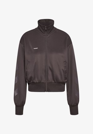 Czarna kurtka sportowa na zamek z wysokim kołnierzem, ściągaczami na mankietach, dwiema przednimi kieszeniami i małym białym logo "hummel" na piersi.